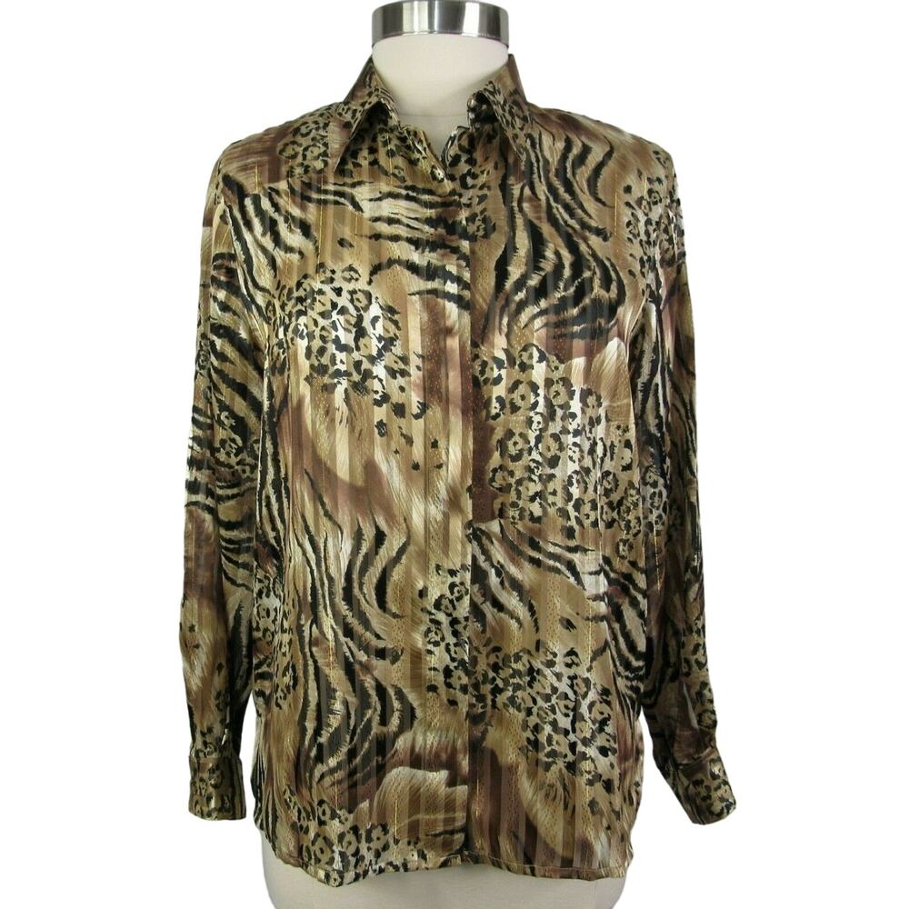 Alfred Dunner Button Front Sheer Blouse Long Sleeves Animal Motif Size 10P